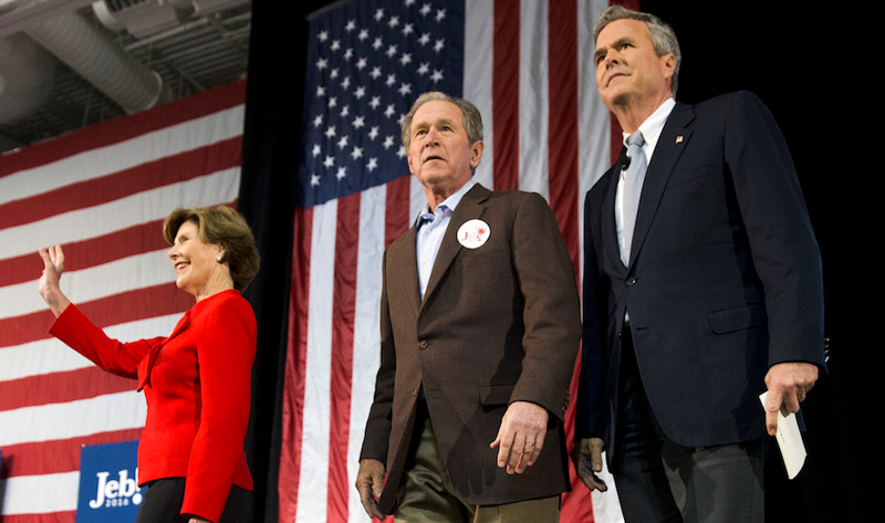 Jeb Bush takes the stage in Charleston, S.C. with George and Barbara Bush on Feb. 15, 2016.